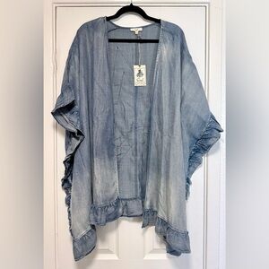 Easel Denim Chambray Kimono with Ruffle and Star Patchwork on Back